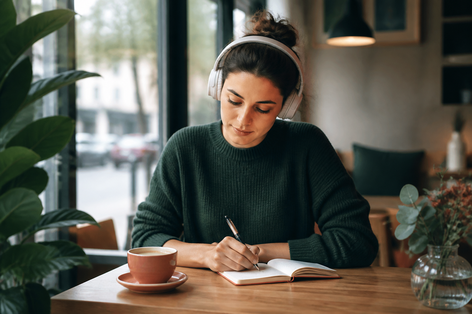 Learner listening to English audio and taking notes in a café