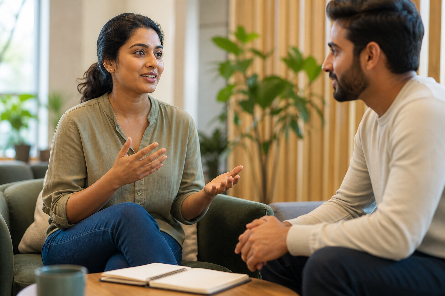 Two learners having a relaxed English conversation in a study lounge