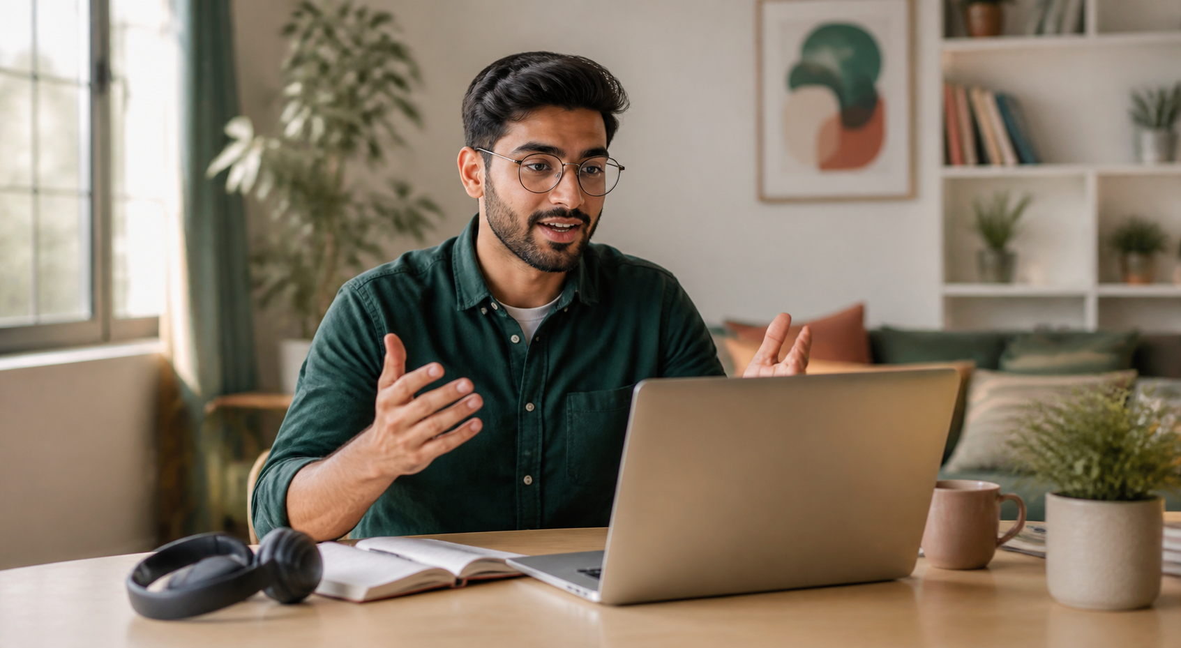 Learner speaking in an online English conversation at a bright study desk